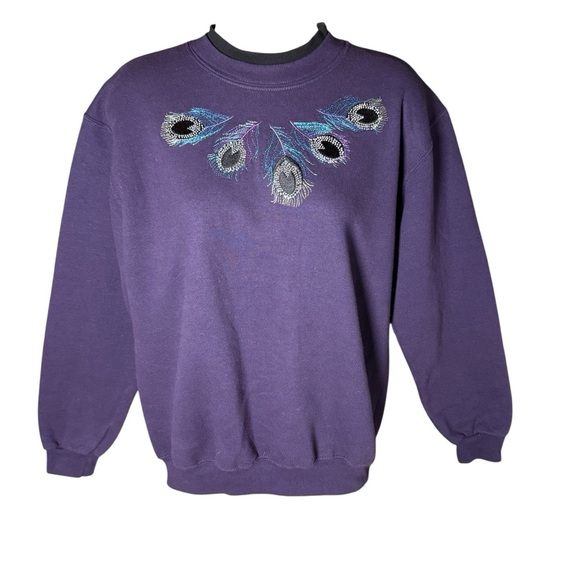 Vintage Morning Sun Women’s Purple Peacock Feather Sweatshirt Size Medium EUC - Picture 1 of 5